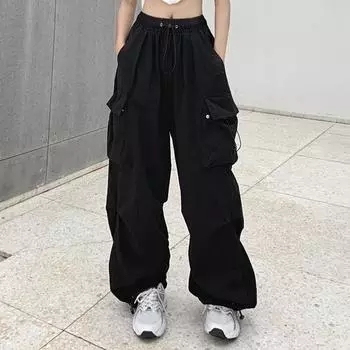 2025 Женские свободные брюки-карго Осенние повседневные уличные модные брюки Летние винтажные однотонные брюки для бега 27493 S чёрный