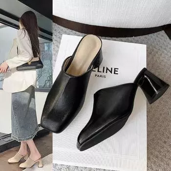 2025 женские туфли-полушапки с квадратным носком на танкетке с высоким каблуком, модная одежда на толстом каблуке, туфли Lazy Muller 35 чёрный