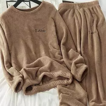 2025 Женский бархатный пижамный комплект, свободный пуловер и брюки с эластичной резинкой на талии, домашние повседневные теплые флисовые комплекты для женщин на осень-зиму M(40kg-70kg) серый