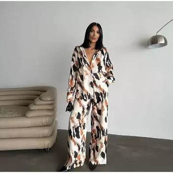 2025 Женский черно-белый цветочный принт с длинными рукавами и широкими брюками, стильный и элегантный наряд для женщин S