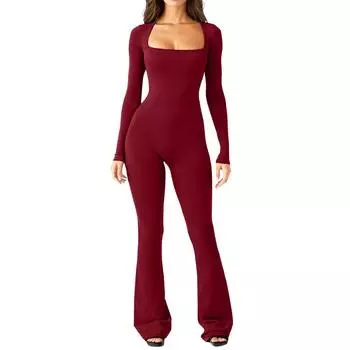2025 Женский комбинезон с длинными рукавами, поясом на талии, подъемом бедер, квадратным вырезом, широкими штанинами, высокой эластичностью S чёрный
