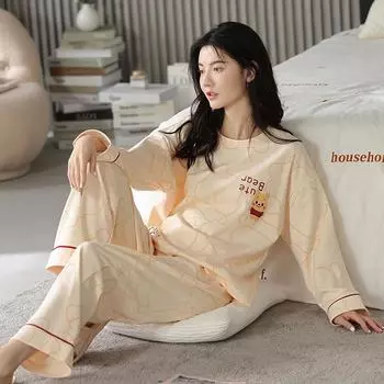 2025 Женский повседневный пижамный комплект свободного кроя с цветочным принтом и блоками, топ с длинными рукавами и круглым вырезом, удобный свободный крой для осени и зимы M хаки