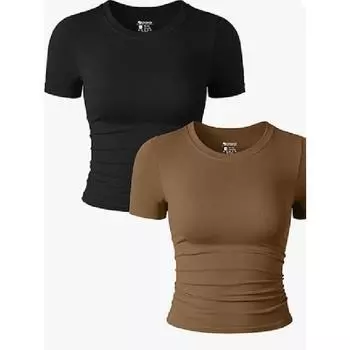 2025 Женский топ Spicy Girl Универсальный короткий рукав Круглый вырез Оборка Эластичный утягивающий короткий топ Футболка Открытый пупок S чёрный