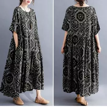 2025 Женское длинное платье, летнее, новое, литературное, большого размера, свободное, с принтом, для людей среднего и пожилого возраста, с коротким рукавом и сломанным цветком One Size красный