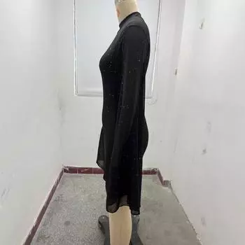 2025 Женское платье-накидка с круглым вырезом и полосками из жемчуга и шифона, с запахом на бедрах, женское S чёрный