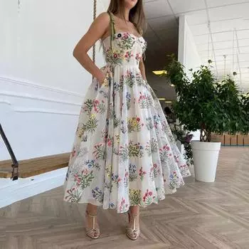 2025 Женское платье с открытой спиной и вышивкой в европейском и американском стиле с подвязками - длинное, с сексуальной талией, весенний стиль Large белый