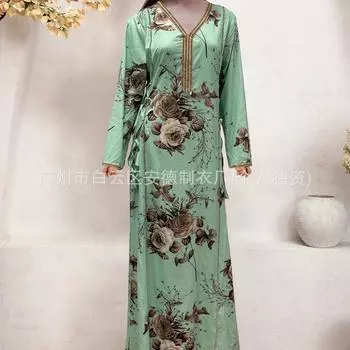 2025 Женское платье с принтом Пномпень, длинное платье с тесьмой на талии, новое S светло-зеленый