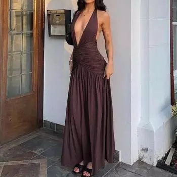 2025 Женское темпераментное элегантное платье без рукавов сексуальное с глубоким V-образным вырезом на спине с разрезом на шее XL коричневый