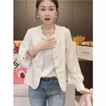 2025 жилет круглый вырез дисковая пряжка цветочная вышивка короткий год женский весенний ретро красивый топ жилет M (under 50kg recommended) абрикосовый