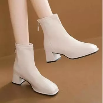 2025 Зима Новые британские модные ботинки с застежкой-молнией сзади, женские грубые каблуки, кожаные замшевые универсальные короткие ботинки для женщин 35-40 35 бежевый