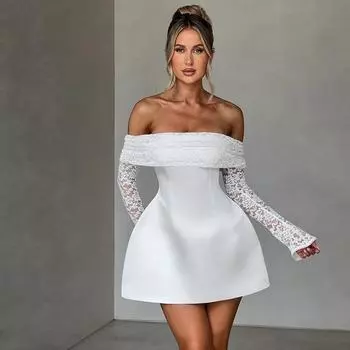 2025 зима новый модный темперамент сексуальное тонкое плечо кружевное сращивание платье с длинными рукавами S чёрный