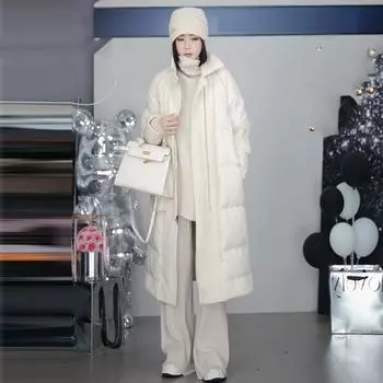 2025 зима новый сплайсированный пуховик женский средний и длинный выше колена лацкан свободный и тонкий утолщенный пиджак белый утиный пух прилив S