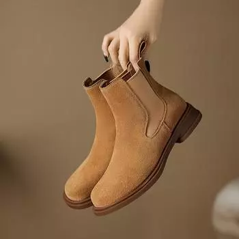 2025 Зима/Осень Ботинки Челси Натуральная Кожаная Обувь для Женщин Ретро Ботинки Ботильоны с Круглым Носком Женская Обувь Британский Стиль 35