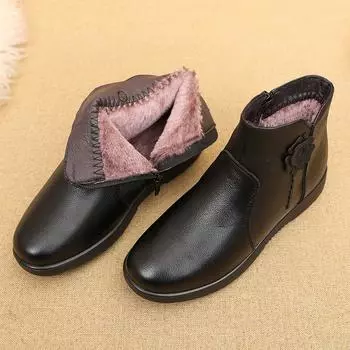 2025 зимние ботильоны из натуральной кожи, женские, плюшевые, ручной работы, теплые, на плоской подошве, удобные, водонепроницаемые, нескользящие ботинки для мам 35 чёрный