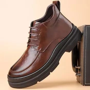 2025 зимние новые мужские деловые повседневные кожаные туфли мужские круглые туфли на толстой подошве из бархата термо-хлопка ботинки Martin 9032 38 чёрный