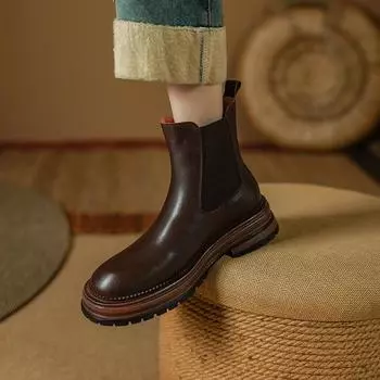 2025 зимние сапоги из натуральной кожи и шерсти с круглым носком, на высоком каблуке, на платформе, короткие туфли с эластичной резинкой, женские базовые ботинки 34 чёрный