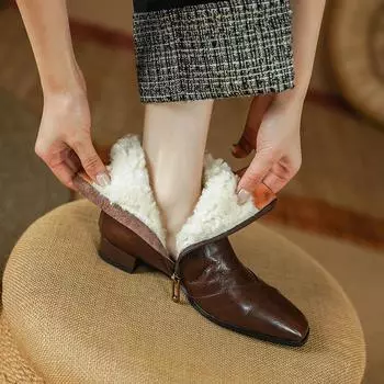 2025 зимние шерстяные зимние сапоги женские на молнии с квадратным носком на платформе ботильоны из натуральной кожи женские туфли на каблуках женские 34 чёрный