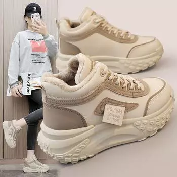 2025 зимние женские однотонные ботинки, водонепроницаемые, с круглым носком, средние, бархатные, теплые, для снега 35 хаки