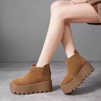 2025 зимняя обувь женские современные ботинки из натуральной кожи, увеличивающие рост на 7 см, теплые ботильоны для молодых женщин на плоской платформе 34 коричневый