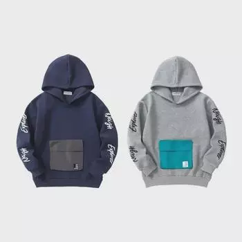 2025 Зимняя японская детская мода свитер с капюшоном и накладными карманами для мальчиков и девочек 110cm синий