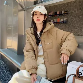 2025 Зимняя женская одежда с капюшоном из хлеба, модная теплая куртка, корейская версия, прилив M белый