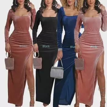 2025 Золотое бархатное вечернее платье с высокой талией и квадратным вырезом Medium коричневый