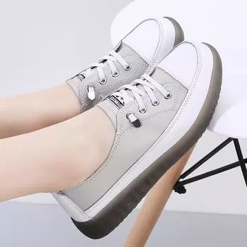 2025ebay women s shoes two-layer leather single shoes flat-soled elastic band casual color matching board shoes shopping student shoes 35 белый