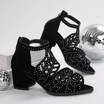 2025Fashion New Women s Summer Hollow Leather Water Diamond Thick Heel Comfortable Zipper Sandals Zapatos Mujer Primavera Verano 36