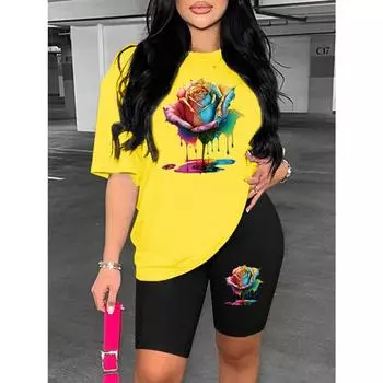 2025Красочная и красивая футболка с коротким рукавом с принтом роз, универсальная модная женская одежда в классическом стиле S