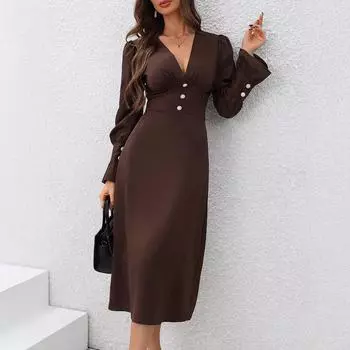 2025V Платье-рубашка Leader Элегантное Летнее Повседневное Длинное Платье Облегающее S темно-коричневого
