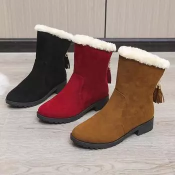 2025wish foreign trade large size cotton boots 2024 autumn new round head suede flat bottom sleeve middle boots 35 бордовый