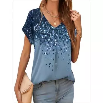 2025Женская роскошная футболка с 3D-принтом, модная, с короткими рукавами, с V-образным вырезом, очень большая рубашка, летняя повседневная футболка, повседневная XXXL