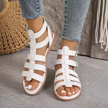 2025Женские сандалии Летние Элегантные Женские Туфли на Низком Каблуке Балетки Повседневные Гладиаторские Белые Дизайнерские Сандалии Балетки с Открытым Носком 35 белый