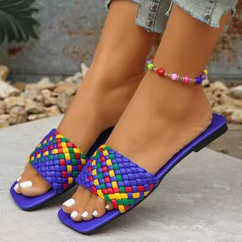 2025Женские тапочки Дизайнерские тапочки с квадратным носком Летние тапочки с открытым носком Пляжные тапочки Модные плетеные вручную тапочки для женщин Слайды 36 синий