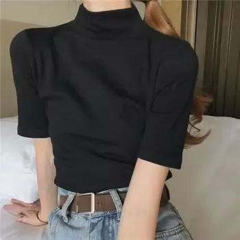 2027 Реальный Выстрел: Женская облегающая футболка с коротким рукавом и полуводолазкой (95% хлопок, 5% спандекс) L серый/абрикосовый