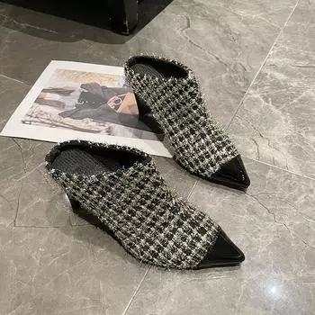 202 autumn and winter new fashion plaid cloth surface, shallow mouth, pointed head, small fragrance temperament, fine heel, high heel, bag head, slip 34 золотой