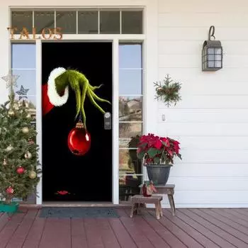 203x91 см Рождественский дверной чехол с зелеными волосами и принтом эльфа для гостиной, спальни, для использования в помещении и на открытом воздухе, настенный гобелен, фон, праздничное украшение, ткань 200cm