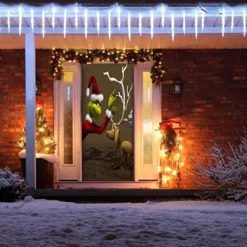 203x91 см Рождественский дверной чехол с зелеными волосами и принтом эльфа для гостиной, спальни, для использования в помещении и на открытом воздухе, настенный гобелен, фон, праздничное украшение, ткань 200cm E