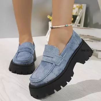 205 новых женских туфель на толстом каблуке, модные туфли на платформе с кристаллами, женские готические туфли-лодочки из денима с толстой подошвой Mujer 35 светло-синий