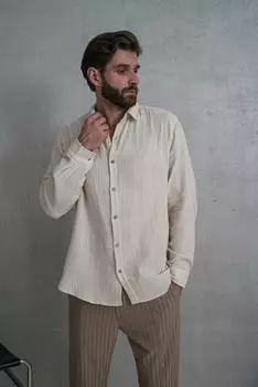 2076 - Мужская муслиновая рубашка оверсайз бежевого цвета Bohemai Herman