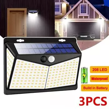 208LED уличный настенный светильник с датчиком движения, водонепроницаемый беспроводной охранный солнечный настенный светильник, 3 режима, садовая дорожка, дорожка 1PC
