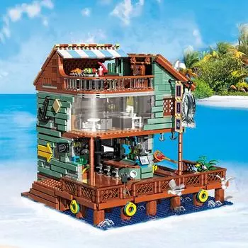 2096PCS Harbor Restaurant Building Blocks Seaside Street View House Construction MOC Bricks Toys Детские рождественские подарки без коробки