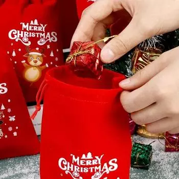 20/1Pcs Red Christmas Velvet Bags Santa Snowman Candy Drawstring Pouch Wrapping Bag for New Year Party Decoration Storage Bag 1PC-Randomly