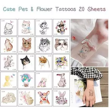 20/2 комплекта водонепроницаемых, но съемных временных татуировок с изображением милых животных и цветов