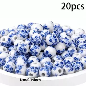 20/40/60 шт. Керамические бусины Круглые керамические бусины ручной работы Фарфор Синий Печать Интервал Бусины Ремесло Бусины Изготовление ювелирных изделий DIY Ремесло 20pcs
