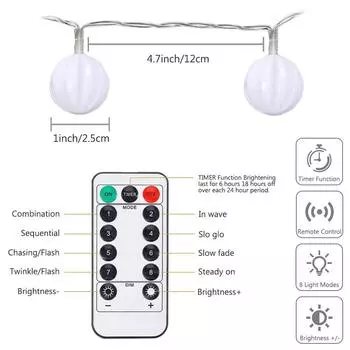 20/40/80 светодиодных лампочек-глобусов, водонепроницаемые, с батарейным питанием, наружные гирлянды с шаровой цепочкой, дистанционное управление, 8 режимов, рождественский свет для вечеринки 3M 20LEDs белый