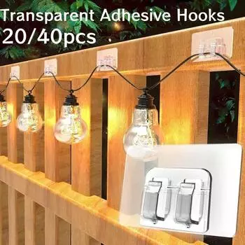 20/40Pcs Transparent Adhesive Hook Traceless Outdoor String Lights Hooks Wall Mount for Christmas Decor Kitchen Bathroom Storage 20PCS прозрачный