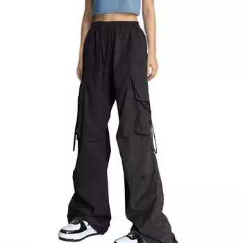 20/5000 Женские модные повседневные брюки-карго с широкими штанинами и высокой талией, многокарманные брюки XL чёрный