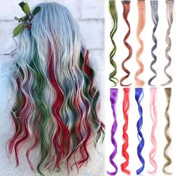 20-дюймовые синтетические волосы для наращивания с одним зажимом, термостойкие радужные волосы для женщин, длинные вьющиеся волнистые стильные разноцветные волосы 1PC