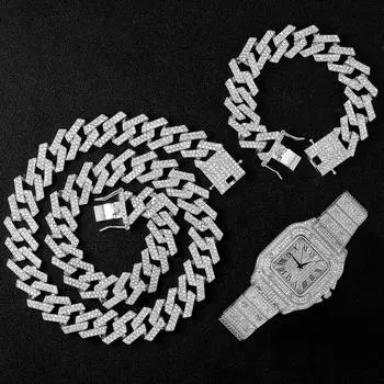 20 мм ожерелье + часы + браслет в стиле хип-хоп Майами бордюрная кубинская цепочка со льдом, стразы с цирконием, блестящие рэперы для мужчин, ювелирные изделия 8 inch with 16 inch